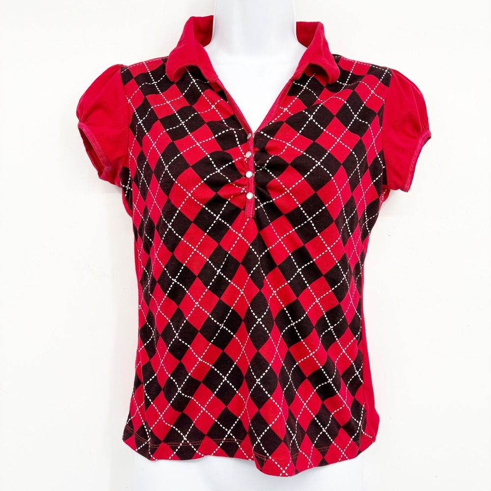 Sixteen Womens Red Black Argyle Puff Sleeve Y2K Grunge Preppy Polo Shirt Size M